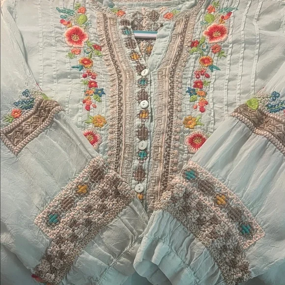 Johnny Was Pastel Blue Embroidered Blouse - Picture 6 of 9
